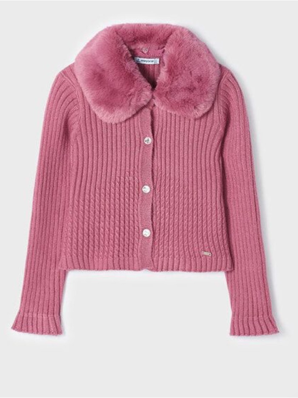 MAYORAL Faux Fur Collar Ribbed Pink Cardigan Made in Spain